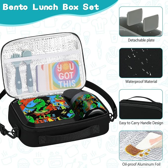 wiwens Bento Lunch Box for Kids with 12oz Soup Thermo Leak-Proof Lunch Food Container with 5 Compartment Thermo Hot Food Jar and Insulated Lunch Bag for Kid Toddler Girls Boys to School