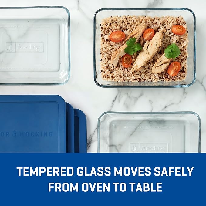 Anchor Hocking SnugFitTM Rectangular Food Storage Containers with Lids (4-Piece, 6-cup, Navy Blue, oven-safe)
