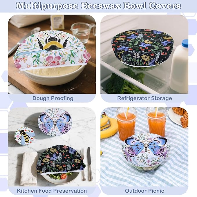 5-Size Reusable Beeswax Bowl Covers for Bread Proofing, Cotton Cloth Flexible Beeswax Wraps for Food Storage(Honeybee)