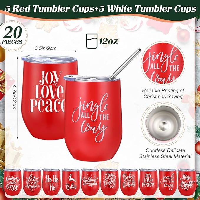 Uiifan 20 Pack Christmas Tumblers Gifts 12 Oz Xmas Funny Tumbler Christmas Stainless Steel Coffee Mugs Set Xmas Insulated Travel Cup with Straw Lid for Family Xmased Holiday Gift (Red)