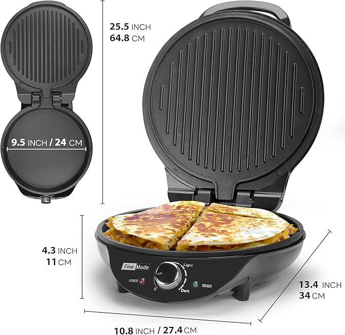 FineMade Electric Griddle Nonstick, Multi-Funtional Quesadilla Maker 10 Inch, Electric Grill Indoor, Pancake Griddle & Pan, Smokeless Indoor Grill, Non-stick Surface, Black