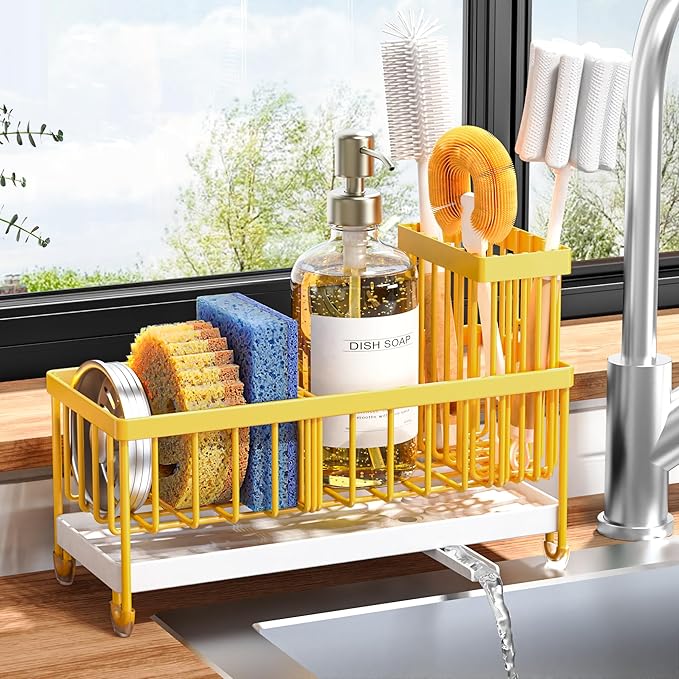Cisily Sponge Holder for Kitchen Sink, Sink Caddy Organizer with High Brush Holder, Kitchen Countertop Organizers, 304 Stainless Steel, Lemon Yellow Kitchen Decor and Accessories