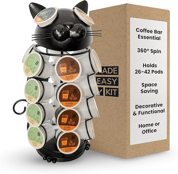 Made Easy Kit Carousel Coffee Pod Holder - Compatible with Keurig K-Pods K-Cups - Countertop 360 Spin Rack Storage Organizer - Revolving Base - Capsule Café Station Bar (Cat Black, Small)