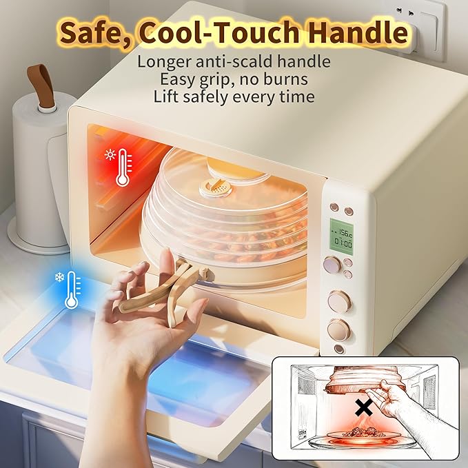 10 inch Microwave Splatter Cover for Food with Water Steamer, Collapsible Plastic & Silicone Microwave Plate Cover with Handle and Anti-Scald Base Plate, Kitchen Cooking Guard, Beige
