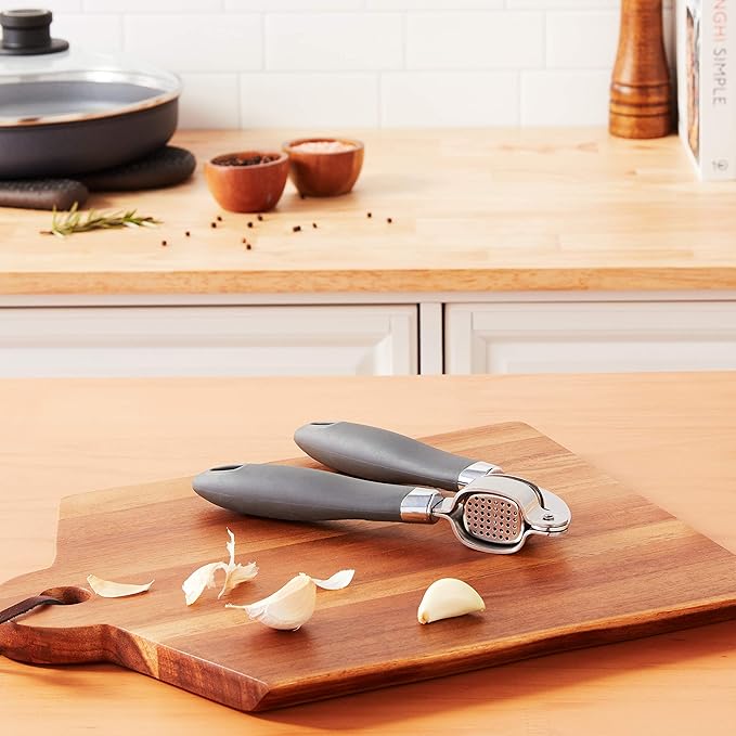Tovolo Garlic Press Stainless Steel Mincer and Crusher Squeeze Silicone Comfort Grip, Dishwasher Safe, Removable Chamber for Easy Clean, One Charcoal