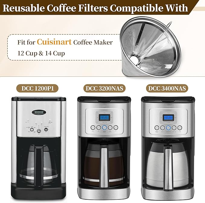 Coffee Filter Compatible with Cuisinart, Stainless Steel Coffee Filter Replacement for Cuisinart DCC 1200P1 3200NAS 3400NAS Coffee Machines - Coffee Maker Parts Reusable Coffee Filters # 4