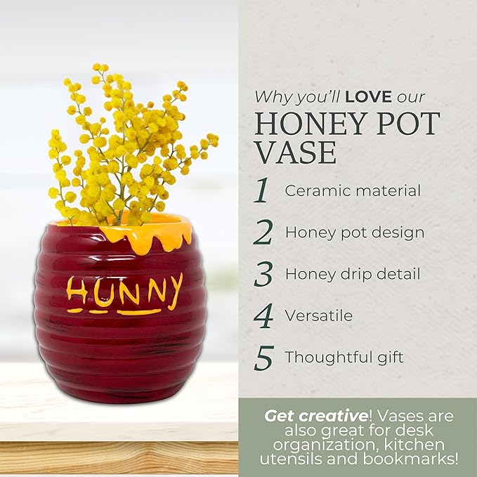 Steel Mill & Co Ceramic Honey Pot Vase, 4.5" x 4.5", Beehive Flower Vase & Desk Organizer, Ridged Pot with Honey Drip Detail, Rustic Cottagecore Home Decor