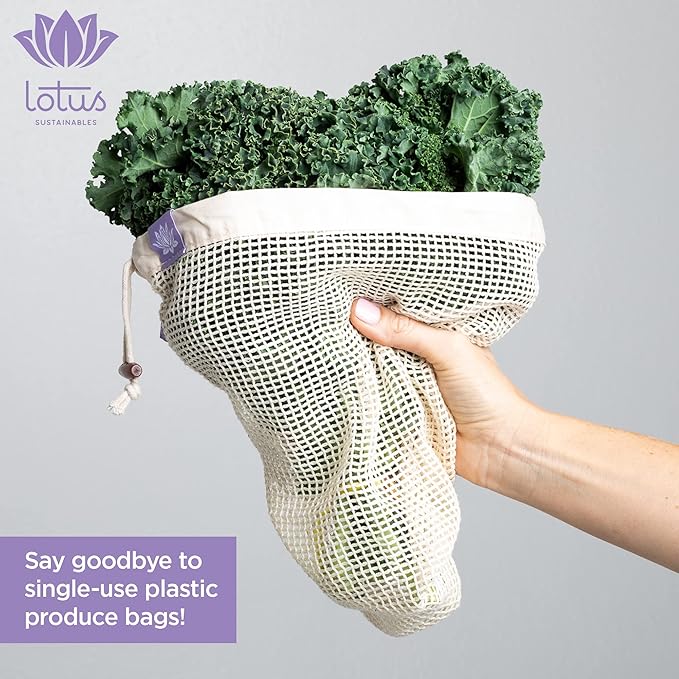 Lotus Reusable Produce Bags - Organic Cotton Washable Produce Mesh Bag for Vegetable Storage, Eco Friendly Reusable Produce Storage Fruit Bag Mesh for Groceries (3 Size Cloth Bags)
