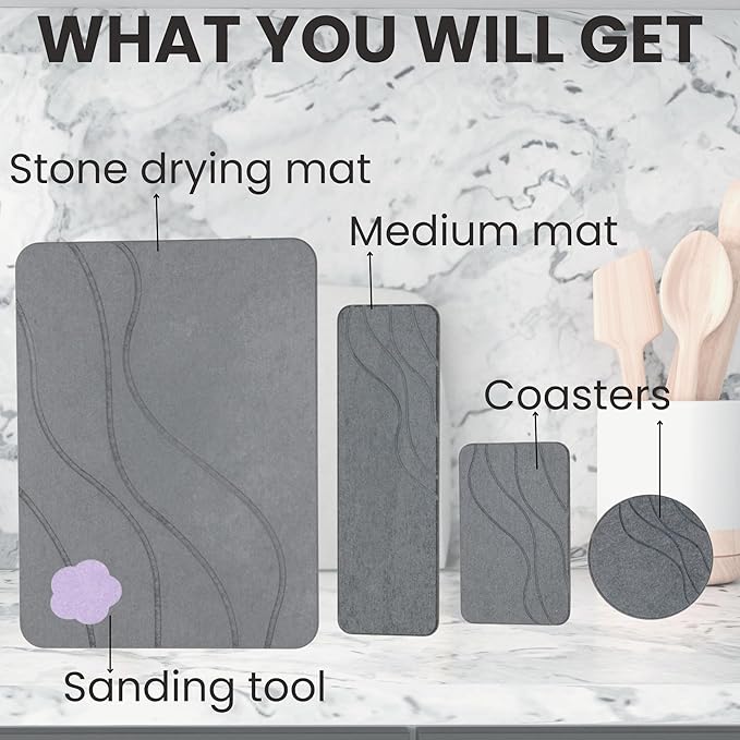 Stone Dish Drying Mat For Kitchen Counter With Diatomite Sink Tray Set - Quick Dry, Fast Water Abosrbing, Diatomaceous Earth - Multi-Purpose Stone Drying Mat For Dishes, Cups, Bottles - (15" x 15")