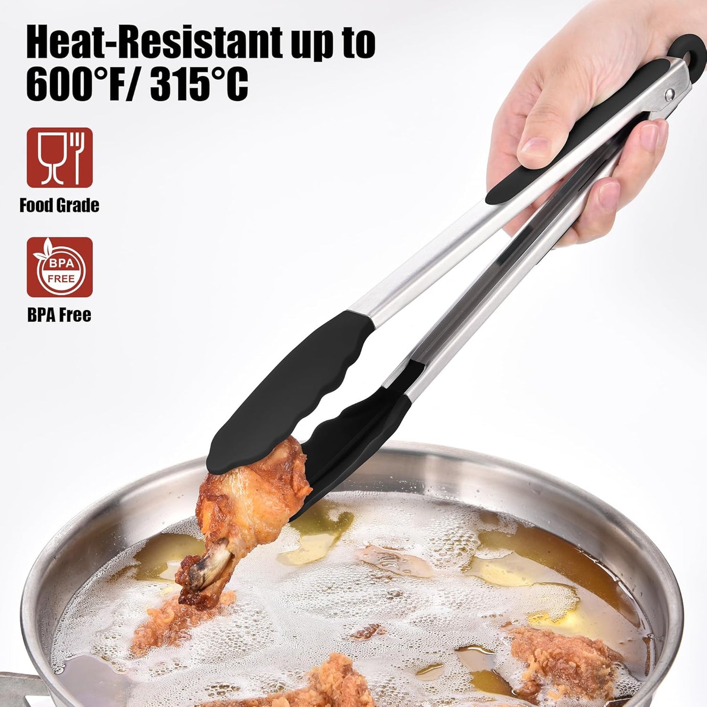 Doosu Kitchen Tongs for Cooking - 600°F Heat Resistant Food Tong with Non-Scratch Silicone Tips, Heavy Duty Stainless Steel Locking Tong for BBQ, Grilling Steak, Serving Salad, Pasta (12in, Black)
