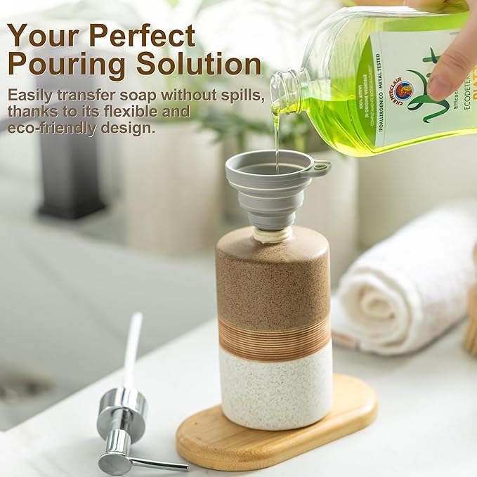 Ceramic Soap Dispenser Set for Hand Soap, Shampoo, Dish Soap, Conditioner, Includes Stainless Steel Pump and Silicone Funnel, 12 Oz, Modern Kitchen Decor