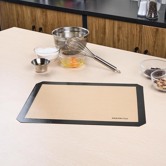 Restaurantware Baking Mat Pack of 1 Non-Stick 11.8"x15.7" Silicone Half Size Baking Mat, Rectangle Reusable Durable Oven-Friendly Anti-Slip Sheet for Kneading Rolling Shaping Dough, Tan and Black