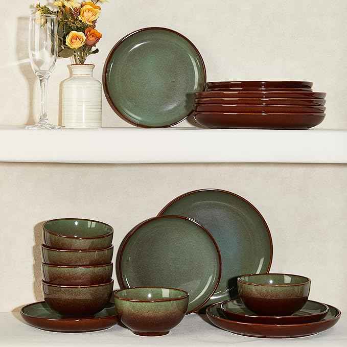 Stoneware Dinnerware Sets Service for 12, 36 pcs Reactive Glaze Plates and Bowls Sets, Handmade Ceramic Dish Set, Highly Chip and Crack Resistant Modern Plate Set, Brown Green