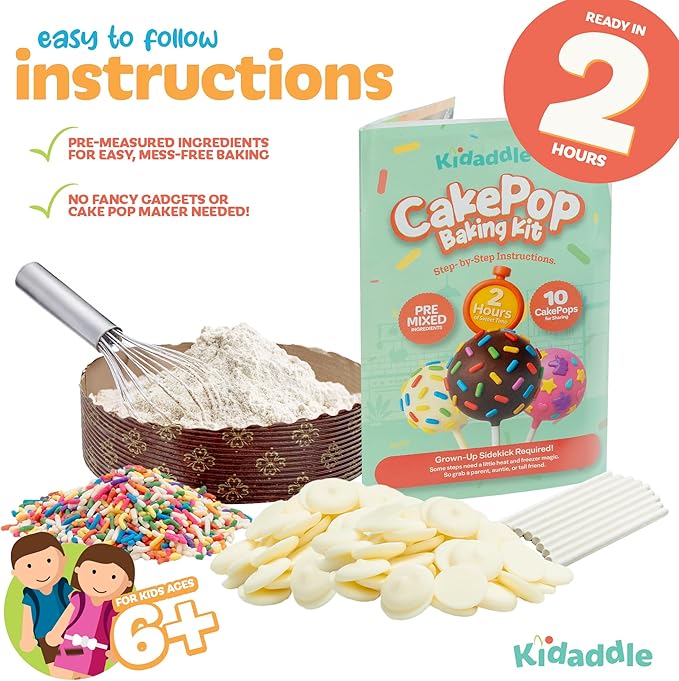 Kidaddle DIY Cake Pop Kit for Kids – Birthday Cake | Kid Baking Kit with Premeasured Ingredients, Decorating Supplies | Made in USA | Certified Kosher | Christmas Kids Gift for Girls & Boys