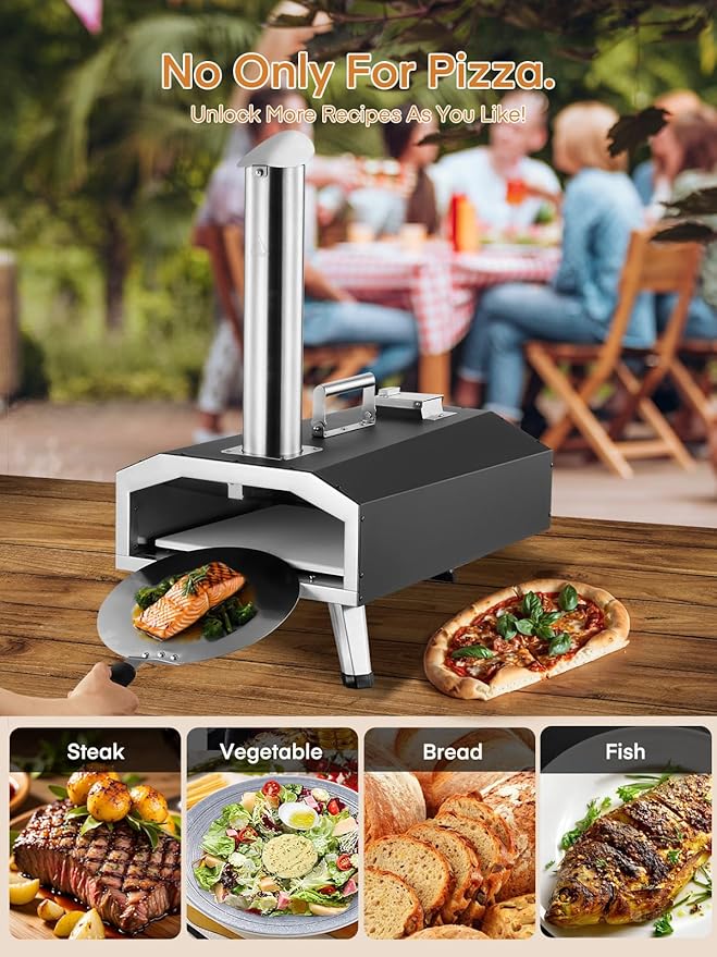 Outdoor Pizza Oven, 12inch Portable Wood Pellet and Gas Pizza Oven, Heats up to 1000°F, with Gas Hose & Pizza Stone, Tabletop Stainless Steel Pizza Oven for Backyard, Camping, Picnics, Black