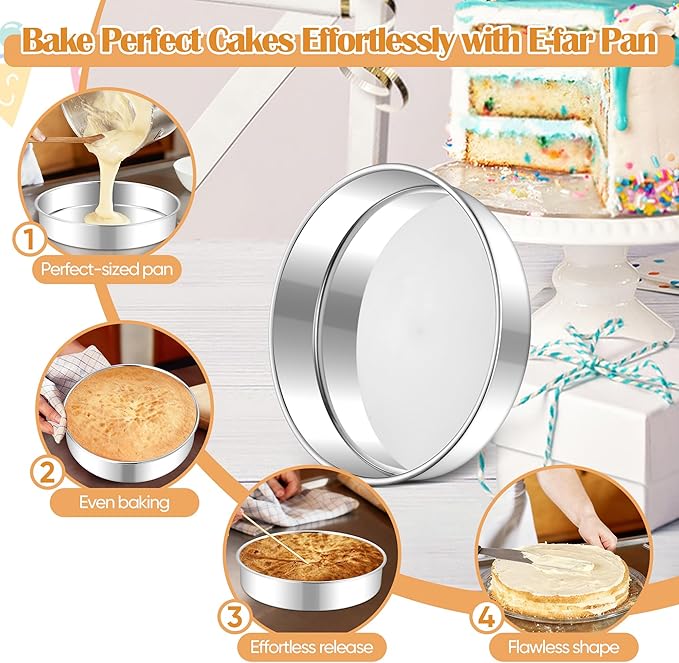 E-far 11 Inch Cake Pan Set of 2, Stainless Steel Large Round Baking Pans Tins, Non-Toxic & Leak-Proof Mold for Birthday Wedding Layer Tiered Cake, Easy Clean & Dishwasher Safe