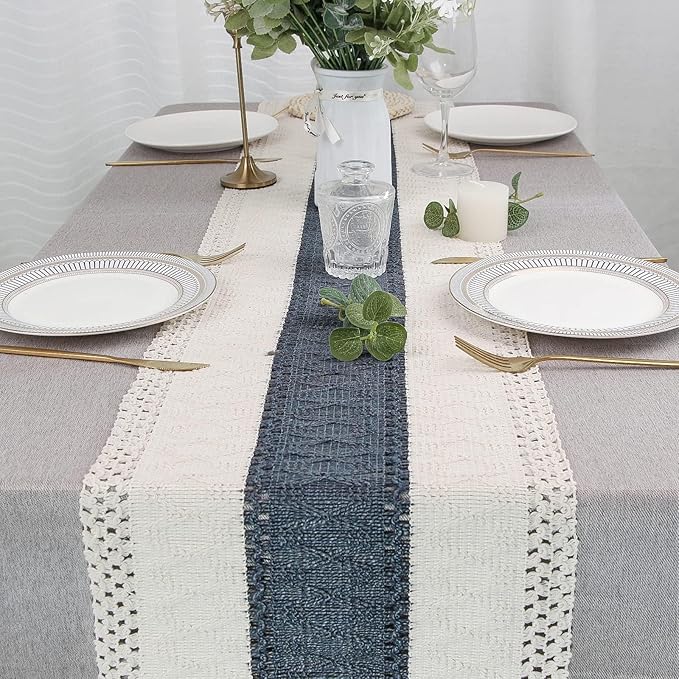 FEXIA Boho Table Runner 108 Inches Long for Home Decor Farmhouse Table Runner Cream & Blue Rustic Macrame with Tassels for Bohemian Dining Bedroom Decor Bridal Shower (12x108 Inches)