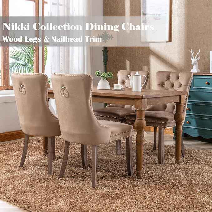Upholstered Dining Chairs Set of 6, Velvet Dining Room Chairs with Back Ring Pull Trim and Solid Wood Legs, Tufted Wingback Kitchen Chair Perfect for Dining Room,Living Room,Kitchen(Khaki)