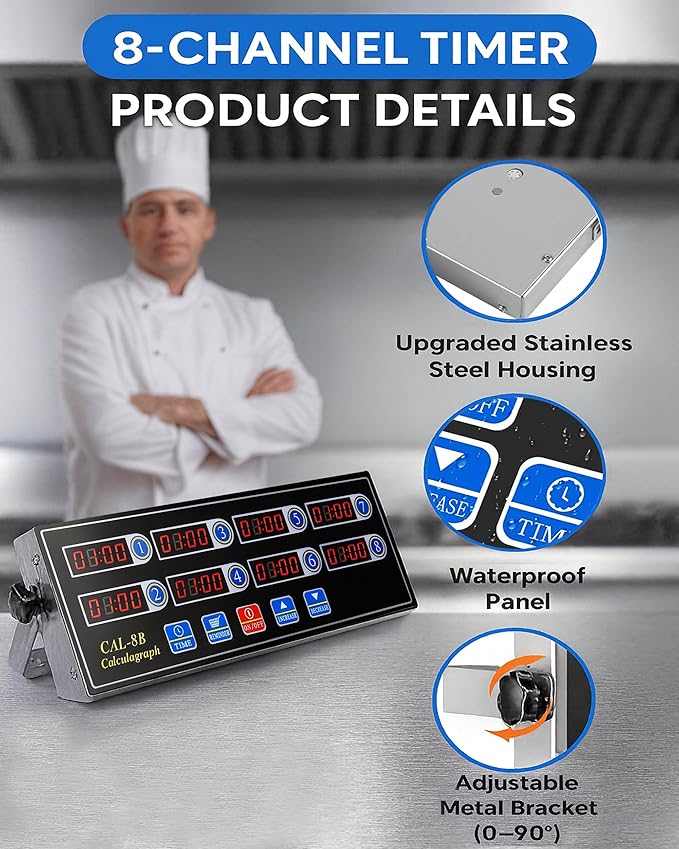 Commercial 8 Channels Digital Kitchen Timer, Stainless Steel Calculagraph Timer with Loud Alarm for Restaurant, Clock Reminder on Multiple Events