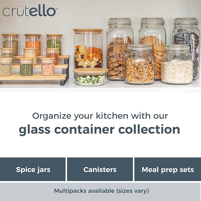 Crutello 20 Pack 2.5 Oz Mini Spice Jars with Bamboo Lids, Dishwasher Safe Jars for Spices, Honey, Beans, Rice, Party Favors | Crutello is a Family-Owned American Brand