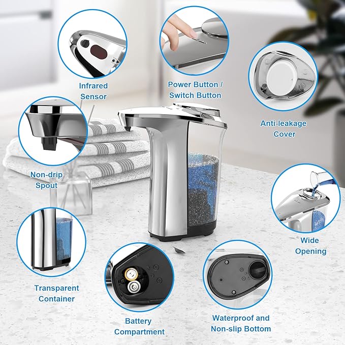 PZOTRUF Automatic Soap Dispenser, Touchless Dish Soap Dispenser 17oz/500ml with Upgraded Infrared Sensor, 5 Adjustable Soap Dispensing Levels, Liquid Hand Dispenser for Bathroom (Silver Set)