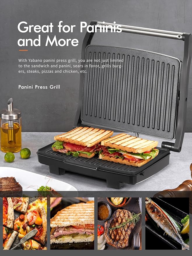 Yabano Panini Press Grill, Gourmet Sandwich Maker, Electric Indoor Grill with Non-Stick Cooking Plate and Removable Drip Tray, Easy to Clean, Stainless Steel