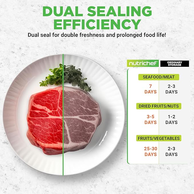 NutriChef Vacuum Sealer for Food with Easy Lock Handle, Countertop Vacuum Sealer Machine for Dry, Moist, Liquid Items, Works with Reusable Vacuum Seal Bags and Rolls, Preserves Freshness
