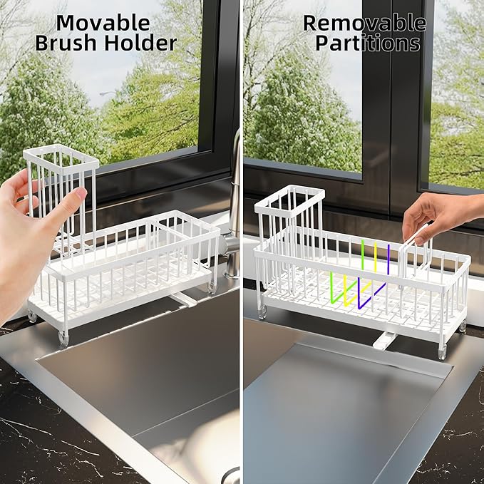 Moforoco Extra Large Kitchen Sink Caddy, Rustproof Sponge Holder with High Brush Holder, Stainless Steel White Kitchen Caddy Sink Countertop Organizer, Sponge Caddy for Kitchen Sink