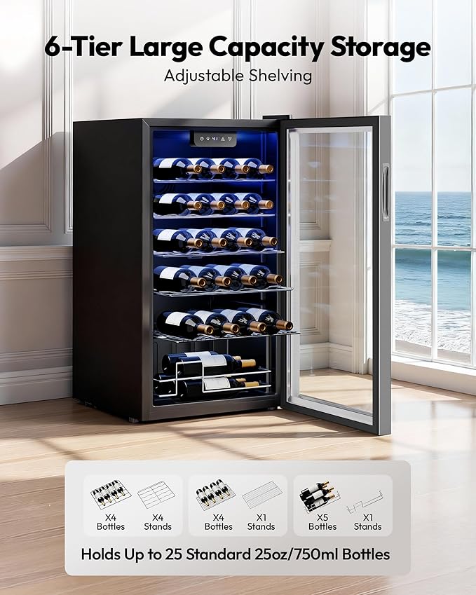 EUHOMY 25 bottle Wine Cooler Refrigerator, Freestanding Compressor Wine Fridge with Adjustable Temperature and Digital Control, Mini Fridge with Glass Door for Red White Wine, Beer, Silver