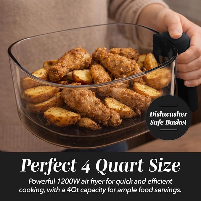COOK WITH COLOR Colorful 1200W 4Qt Air Fryer: Glass Basket, Dishwasher Safe, 60min Timer, 6 Presets, Temp Control 175F-400F, 4 QT, Black