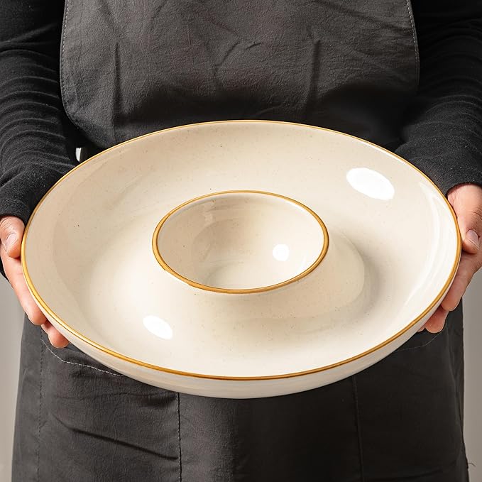 LEHAHA 12.25 inch porcelain Chip and Dip Serving Set, Ceramic Platters for Cheese, Appetizers &Chips Salsa, Fruit and Veggies, Divided Serving Trays for Family Gathering and Parties, Dark Creamy