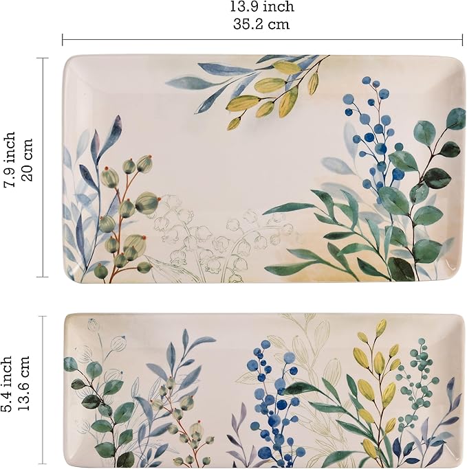 Bico Botanical Valley Ceramic 14 inch Rectangular Serving Platter, Set of 2, for Serving Salad, Pasta, Cheese, Ham, Appetizer, Microwave & Dishwasher Safe