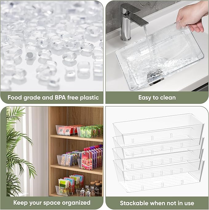 BALEINE Pantry Organizers and Storage Bins, Plastic Clear Storage Bins with 3 Removable Dividers, BPA-Free Fridge Organizers for Kitchen Cabinet Bathroom (10.5x6.1x3.5, 4PK)