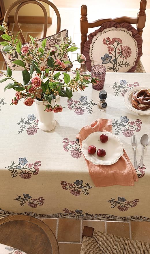 ISAENNE Designer Linen Light Beige Rectangular Tablecloth,French Colorful Floral Table Cloth,Stain Resistant Decor Tablecloths for Dining Thanksgiving Christmas Kitchen,55"*79"-Helena E