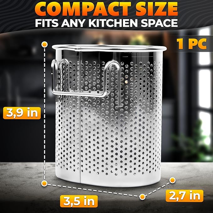 Chopstick Dishwasher Basket 3.5x2.7x3.9" – Stainless Steel Chopstick Holder for Dishwasher with Hooks, Oval Design Rust-Resistant Perforated Utensil Caddy for Straws, Teaspoons & Small Kitchen Tools