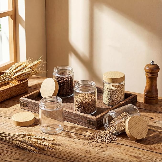 Norme 24 Pcs 6oz Glass Jars with Lids Empty Small Glass Containers and Inner Liners Reusable Cosmetic Jars Round Airtight Bottles with Plastic Wood Grain Lids for Travel