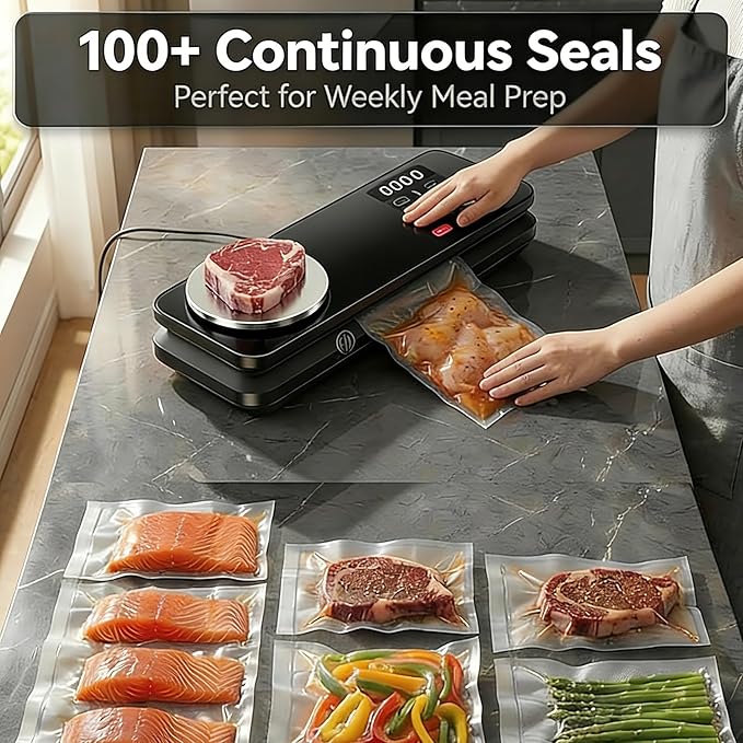 Food Vacuum Sealer Machine, 90KPA with Kitchen Scale, One-Touch Automatic, Multiple Modes, with 10 Sealer Bags and 1 Roll, Built-in Cutter, Black
