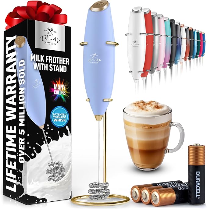 Zulay Kitchen Patented Tornado Triple Whisk Milk Frother with 4 Duracell Batteries – Handheld Foam Maker for Coffee, Lattes, Matcha & Hot Chocolate – Rich, Creamy Froth in Seconds - Lavender