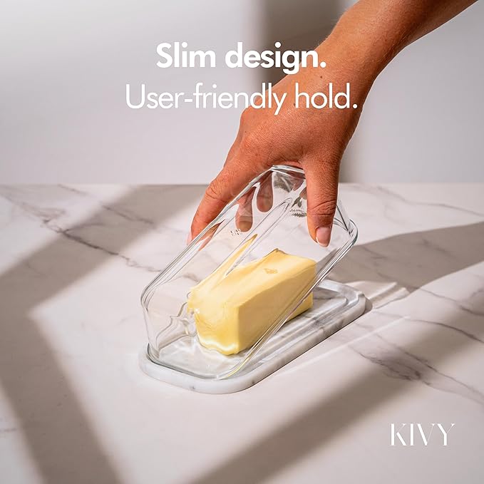 KIVY Butter Dish (White Marble & Glass) - For countertop and refrigerator door shelf - Marble butter keeper - Stone butter dish with lid - Dishwasher Safe
