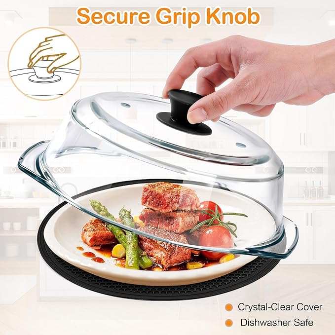 Glass Microwave Splatter Cover for Food with Microwave Place Mat - Sturdy Plate Guard Lid with Vent Holes and Easy-Grip Silicone Handle - BPA Free, Dishwasher Safe (Black)