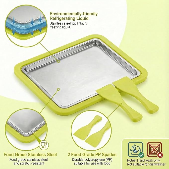 Rolled Ice Cream Maker, Manual Ice Cream Tray for Homemade Frozen Yogurt and Sorbet, Food Grade Ice Cream Roller for Family (Green)