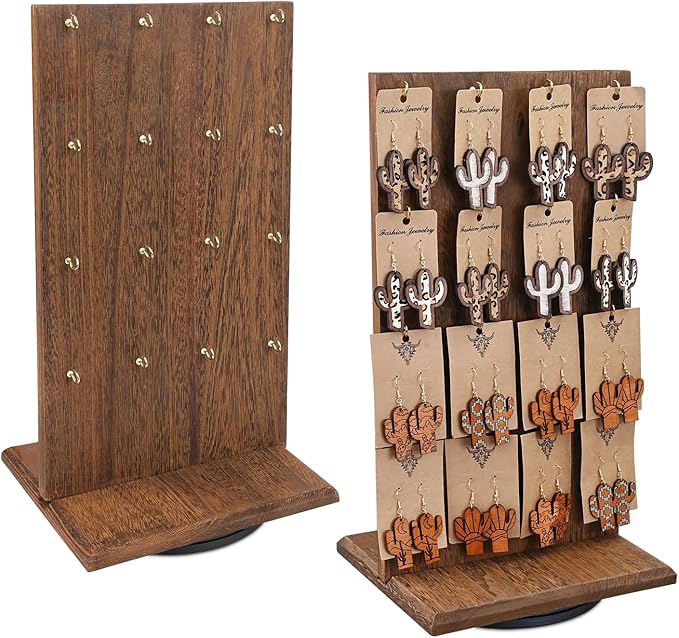 Ikee Design 2 Pcs Wooden Rotating Two-Sided Jewelry Display Stand, Rotating Organizer with 32 Hooks for Store, Keychain Earring Display with Hooks, Brown color, 9 W x 7.5 D x 16.5 H in