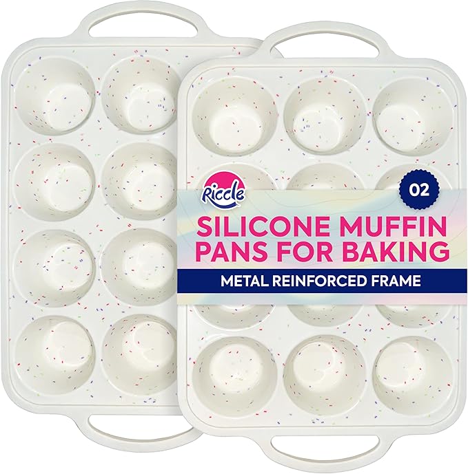 RICCLE Silicone Muffin Pans for Baking with Metal Reinforced Frame, 12-Cup Cupcake Pan, 2 Pcs Muffin Trays for Cupcake Baking, Tray Molds, Oven & Dishwasher Safe, BPA-Free (2 x Regular)