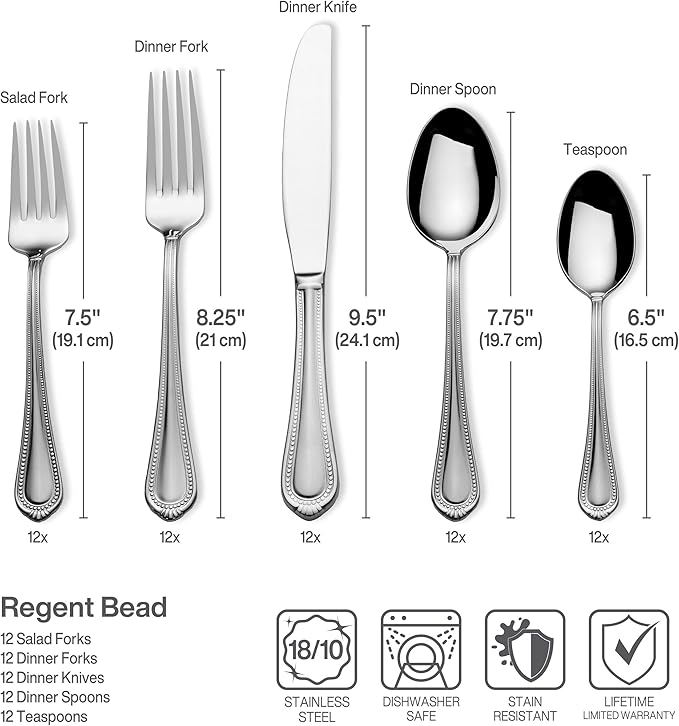 Mikasa Regent Bead 65-Piece Silverware Set, 18/10 Stainless Steel Flatware Service for 12, Includes 5 Serving Tools, Dishwasher Safe Polished Cutlery