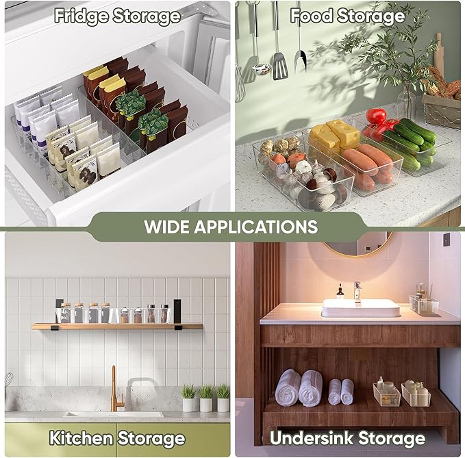 BALEINE Pantry Organizers and Storage Bins, Plastic Clear Storage Bins with 3 Removable Dividers, BPA-Free Fridge Organizers for Kitchen Cabinet Bathroom (10.5x6.1x3.5, 4PK)