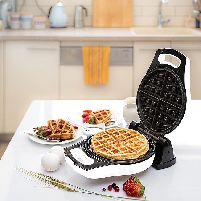 Moss & Stone Belgian Waffle Maker, Electric Flip Waffle Machine with Adjustable Temperature Control, Non-Stick Grids for Smooth Release, Compact 8-Inch Round Waffle Maker, White
