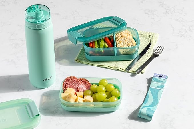 Ello 2-Pack Lunch Stack Plastic Food Storage Container Bento Box with Airtight, Leak-Proof Locking Plastic Lids and Silicone Base, BPA-Free, Freezer, Microwave, and Dishwasher Safe, Mint Chip