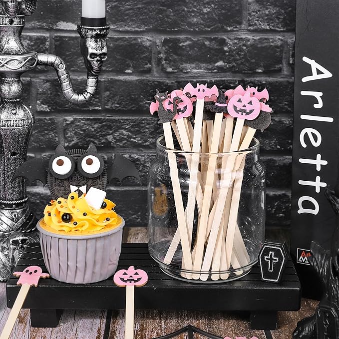 JarThenaAMCS 120Pcs Halloween Coffee Stirrers Disposable Pink Black Ghost Bat Cat Pumpkin Stir Sticks Wooden Drink Stirrer for Hot Chocolate Milkshake Restaurant Home Office