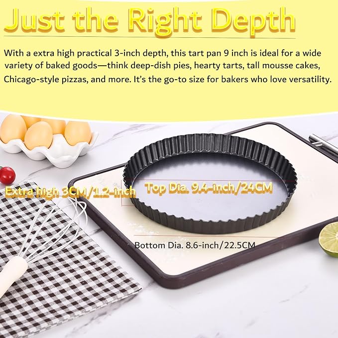 9 Inch Tart Pan with Removable Bottom, Quiche Pan Carbon Steel Heavy Duty Nonstick Pie Pan- Fluted Edges Loose Bottom, Extra Hgh 1.2-Inch Depth for Baking Fruit Tarts, Pies