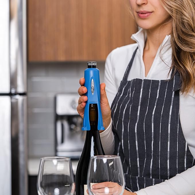 Cork Pops Legacy Wine Opener Built-in 4-Blade Foil Cutter Safe Cork Removal, Effortless Push Button Use, Needle Guard for Safety, Low-Pressure Cartridge Opens Up To 60 (Blue, With 1 Cartridge)
